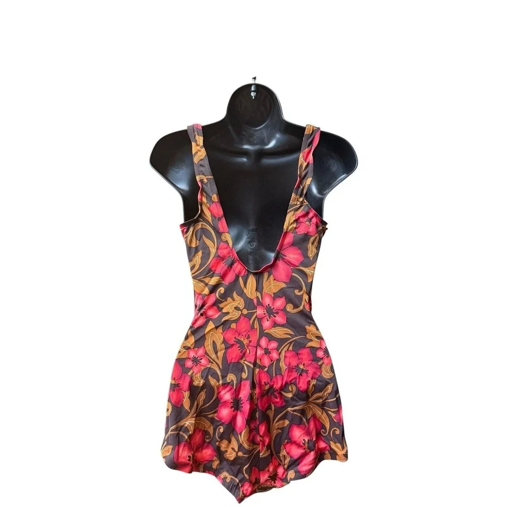 Vintage Maxine Swimsuit Size 12‎ One Piece Hawaiian Floral Brown Red Ruched